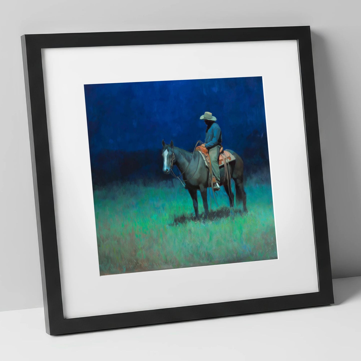 Indigo Silence western horse art print in black frame