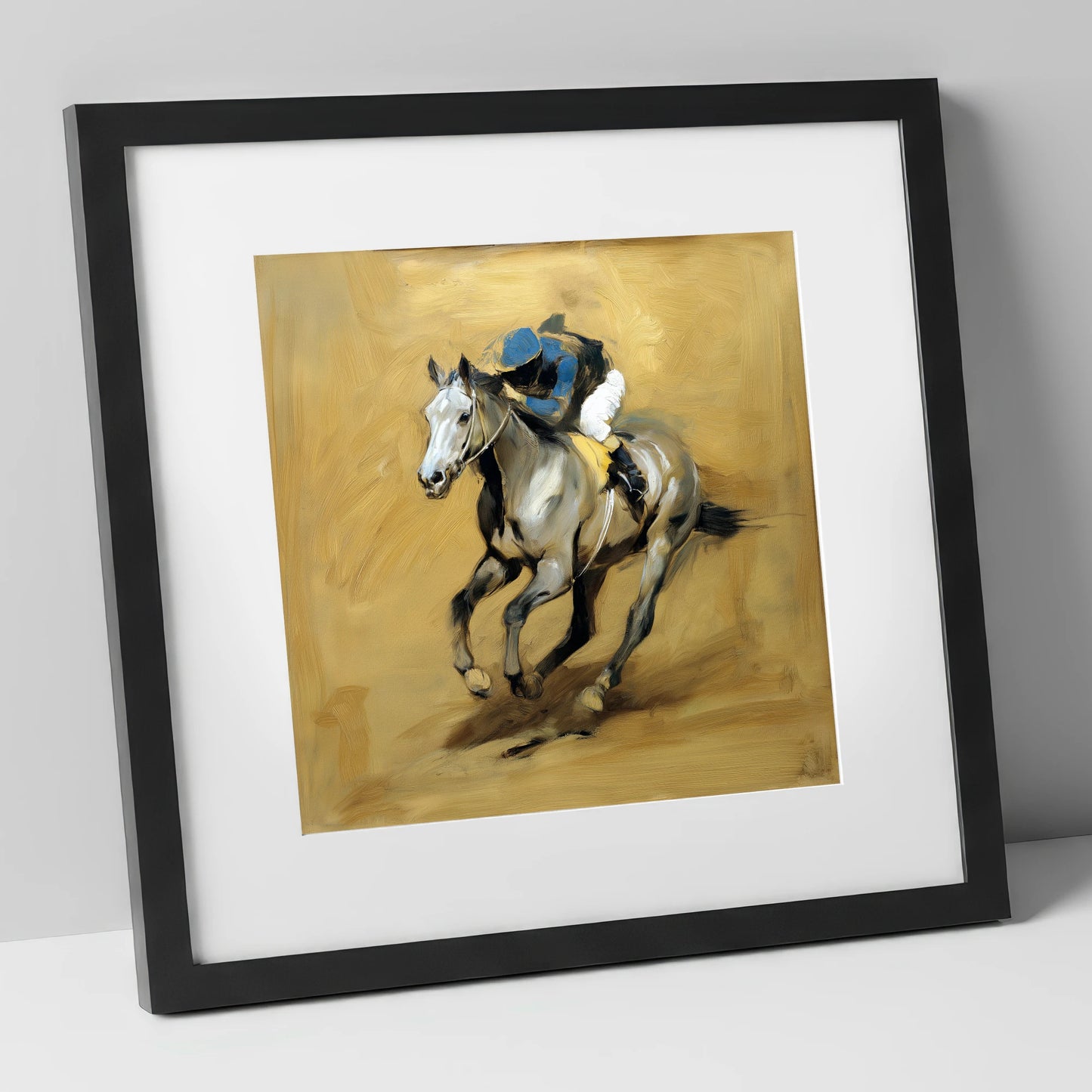 The Grey Challenger racing horse art print in black frame