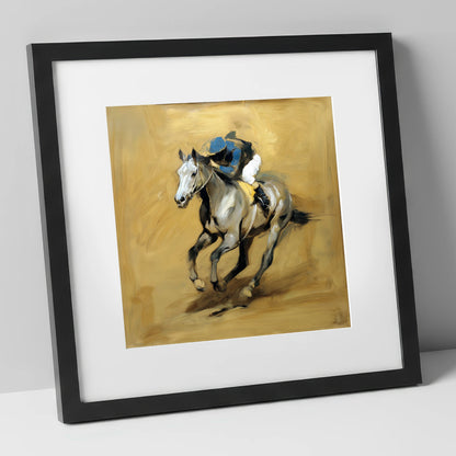 The Grey Challenger racing horse art print in black frame