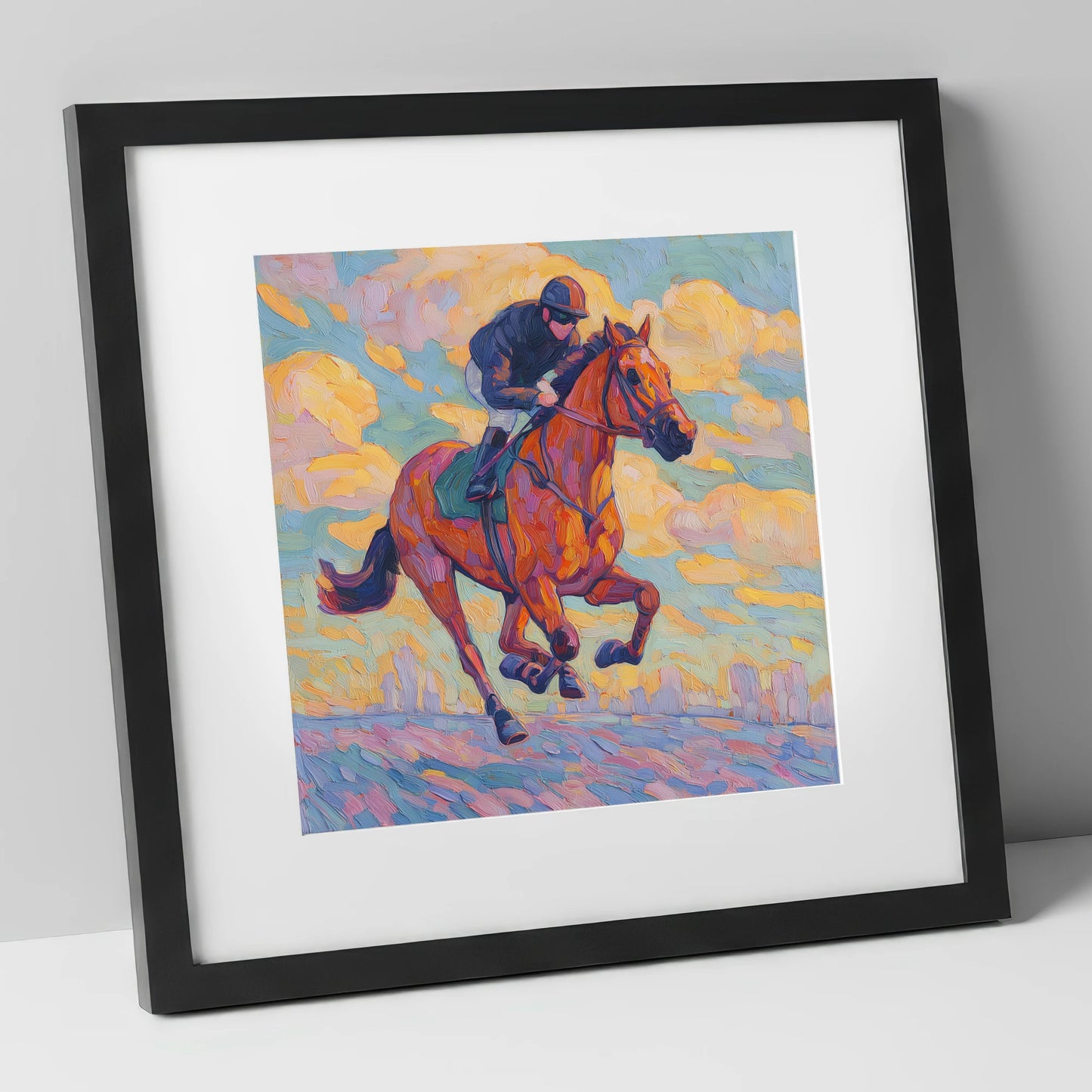 Technicolour Gallop racing horse art print in black frame
