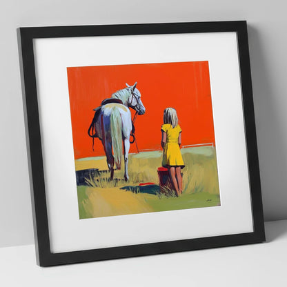 The Yellow Dress horse & rider art print in black frame