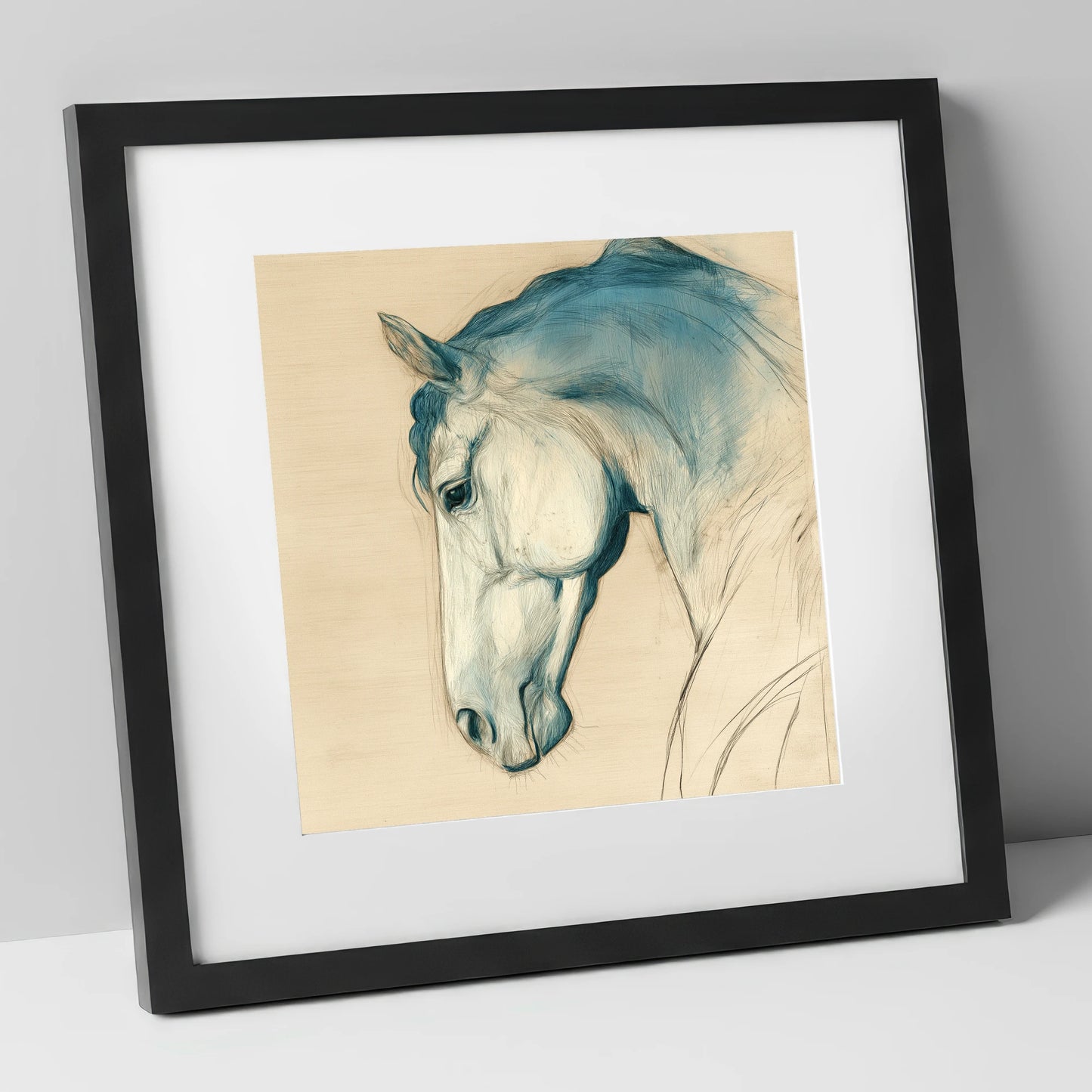 Teal Wash Equine Profile horse portrait art print in black frame