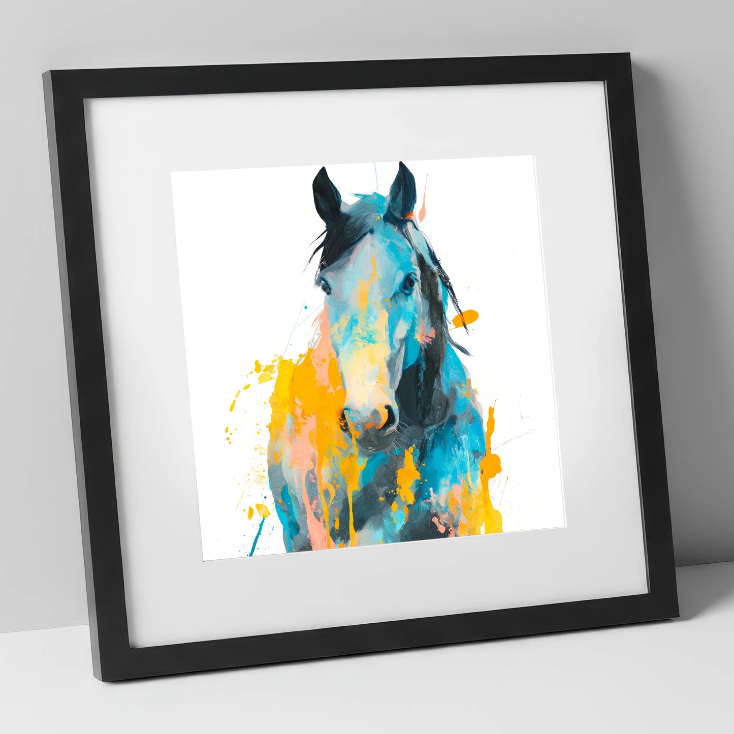 Teal and Amber Gaze horse portrait art print in black frame