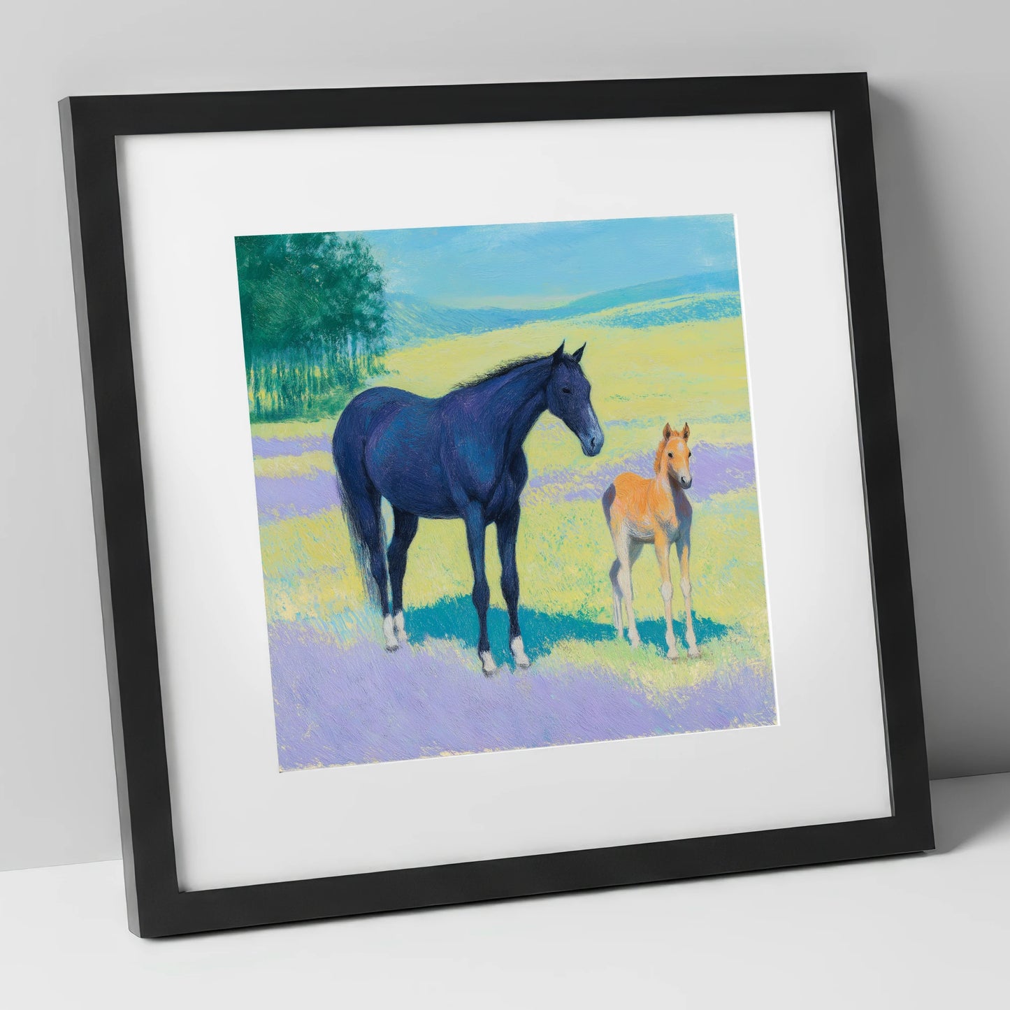 Lavender Meadow Bond mare & foal art print in black frame
