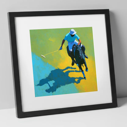 Sunlit Polo Pursuit polo horse art print in black frame