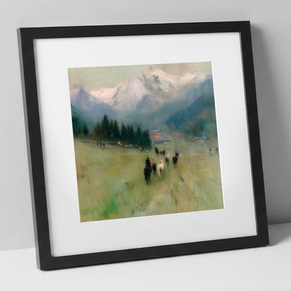 Distant Valley Ride horse landscape art print in black frame