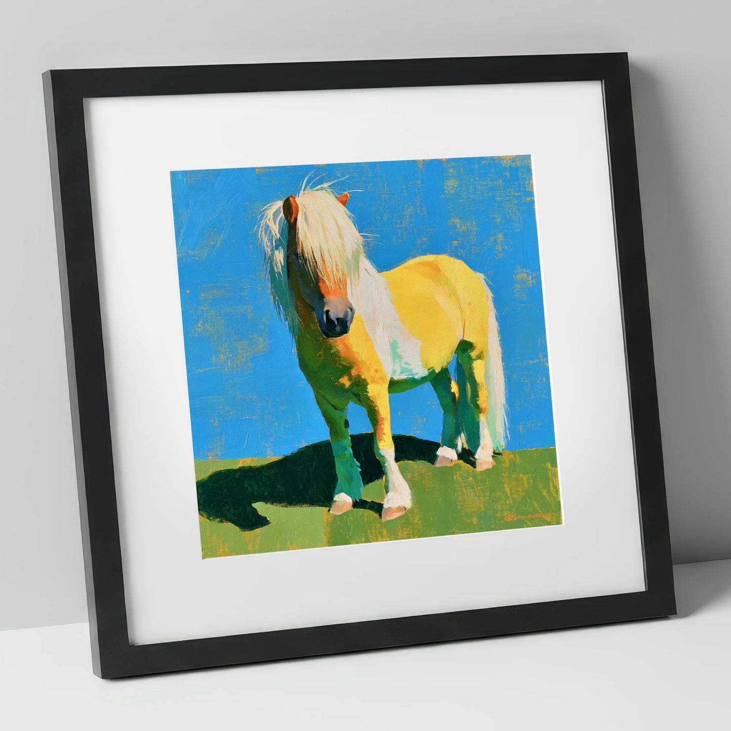 Sunlit Shetland Pony Portrait horse breed art print in black frame