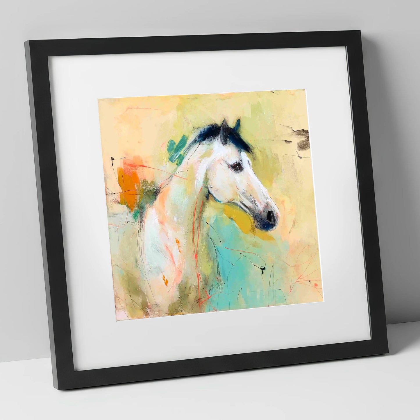 Gestural Grey Portrait horse portrait art print in black frame
