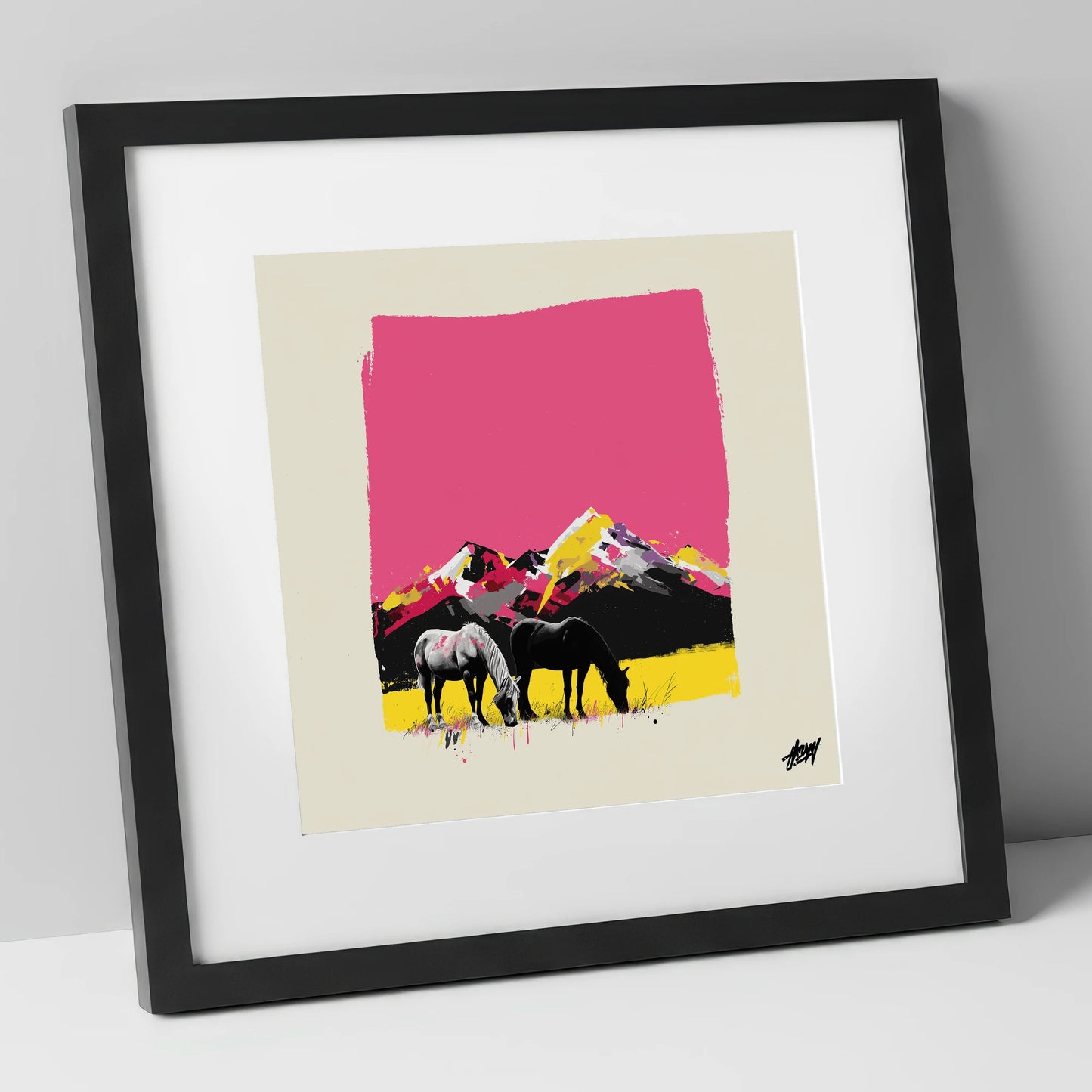 Vibrant Mountain Pastures horse landscape art print in black frame