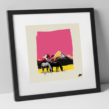 Vibrant Mountain Pastures horse landscape art print in black frame