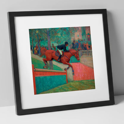 The Emerald Leap show jumping horse art print in black frame