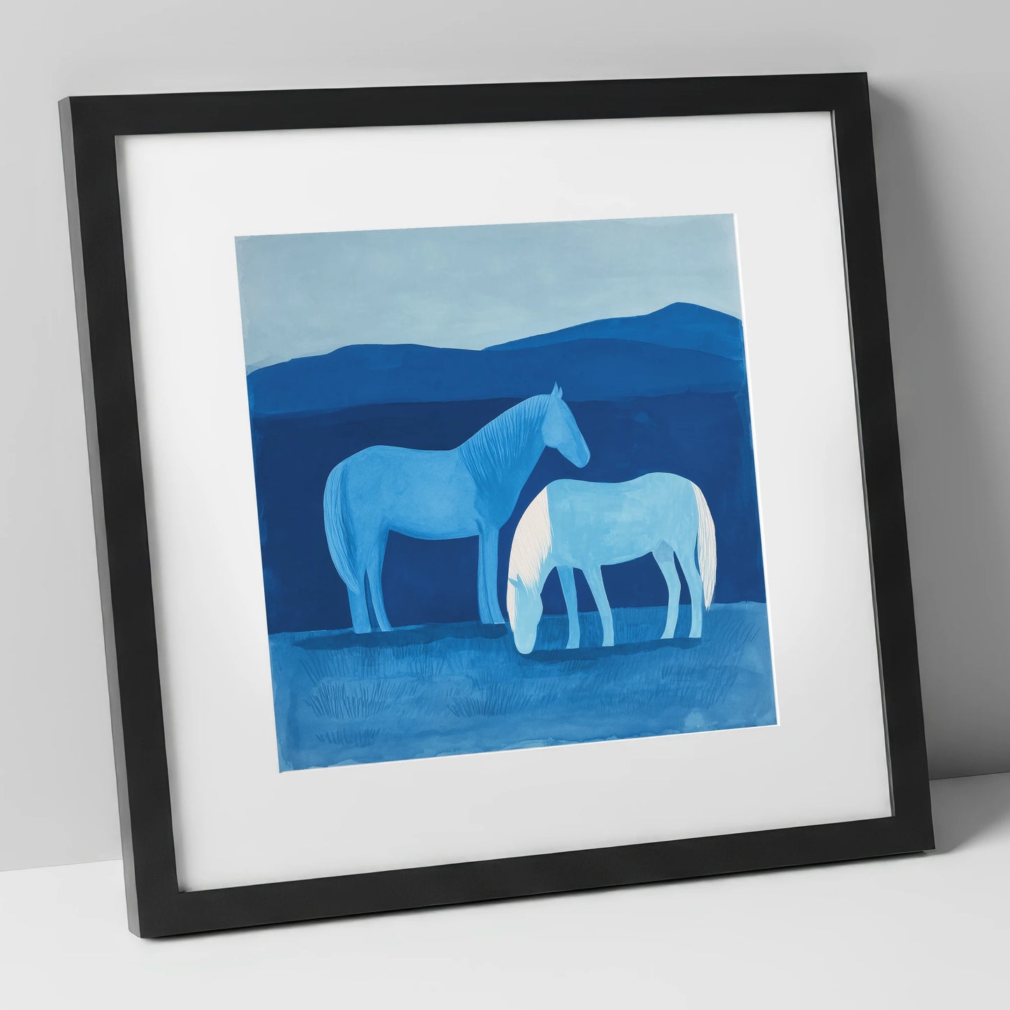 Cobalt Companions horse landscape art print in black frame