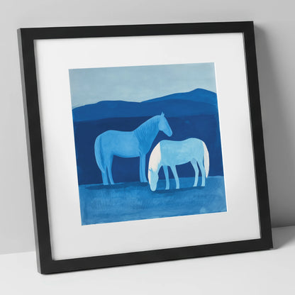Cobalt Companions horse landscape art print in black frame