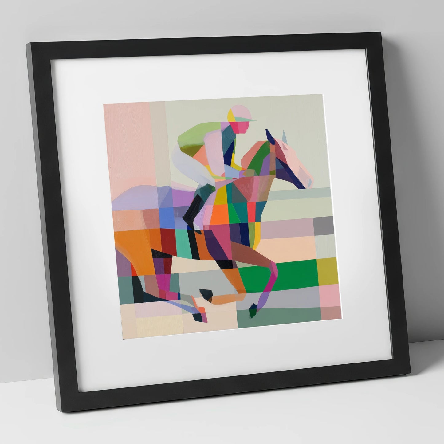 Prismatic Stride racing horse art print in black frame