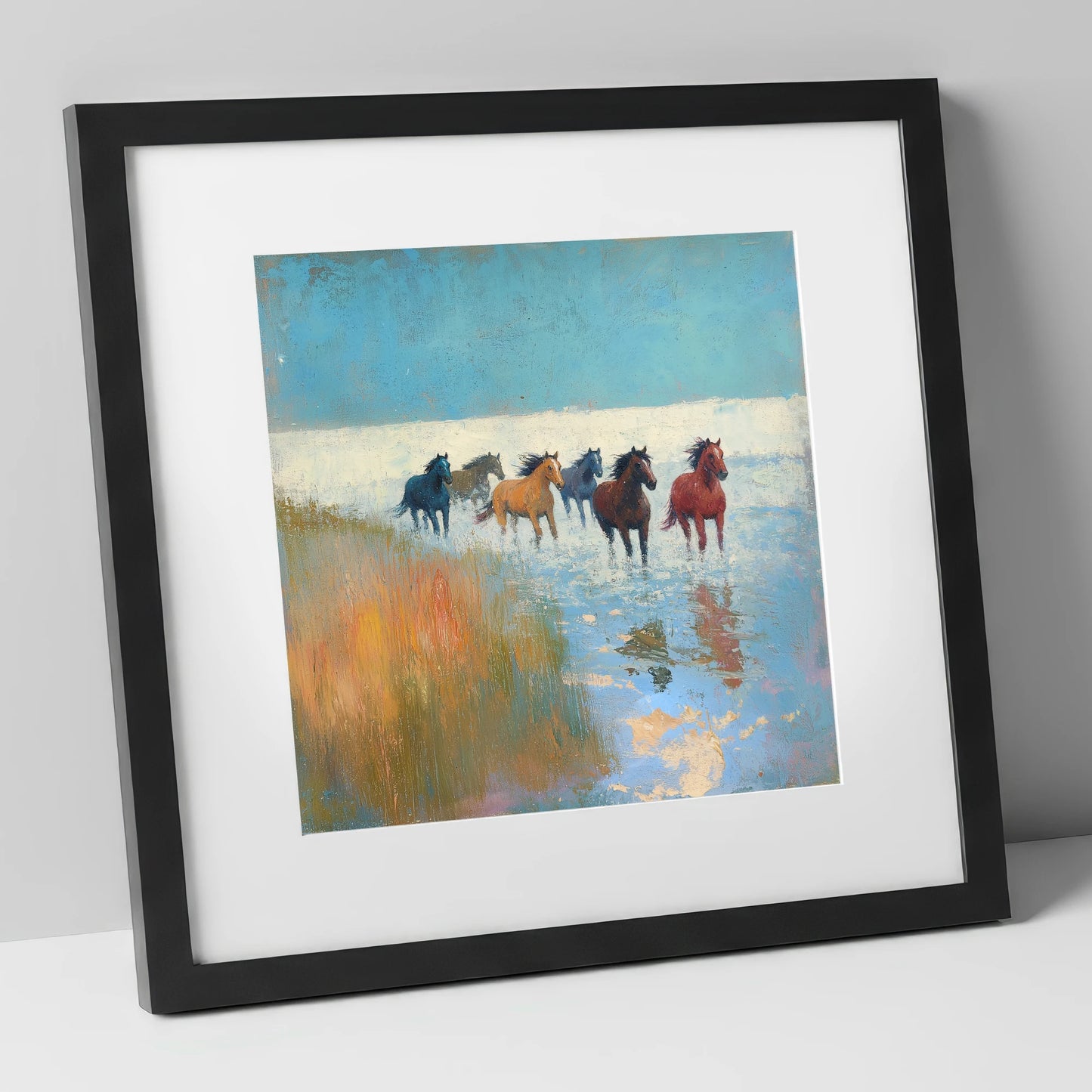 Through the Shallows wild horses art print in black frame