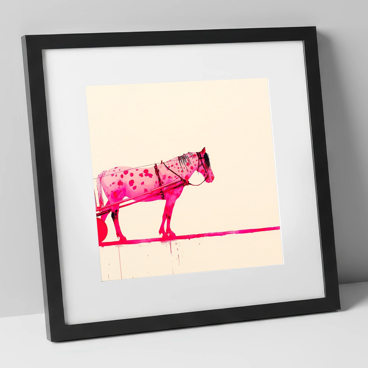 Vibrant Spotted Harness working horse art print in black frame