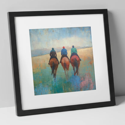 The Morning String racing horse art print in black frame
