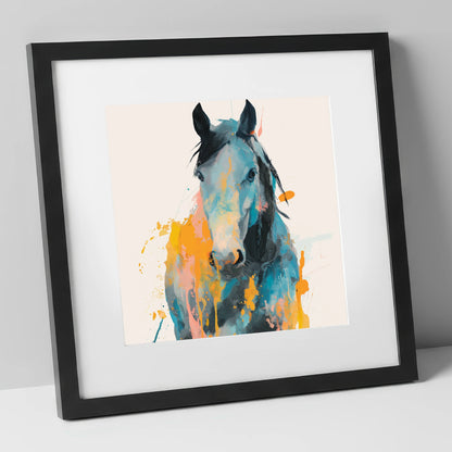 Teal and Amber Gaze horse portrait art print in black frame