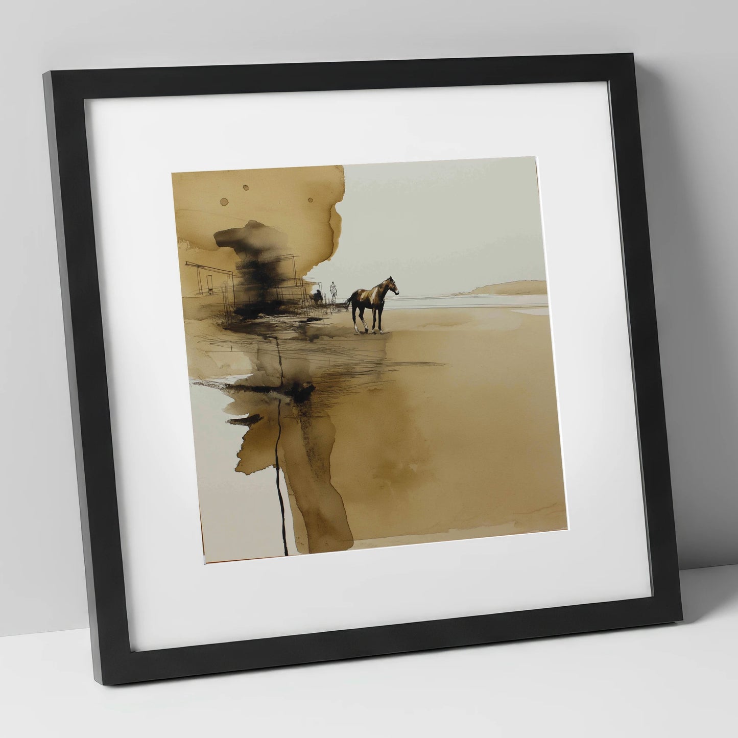 Sepia Solitude horse landscape art print in black frame