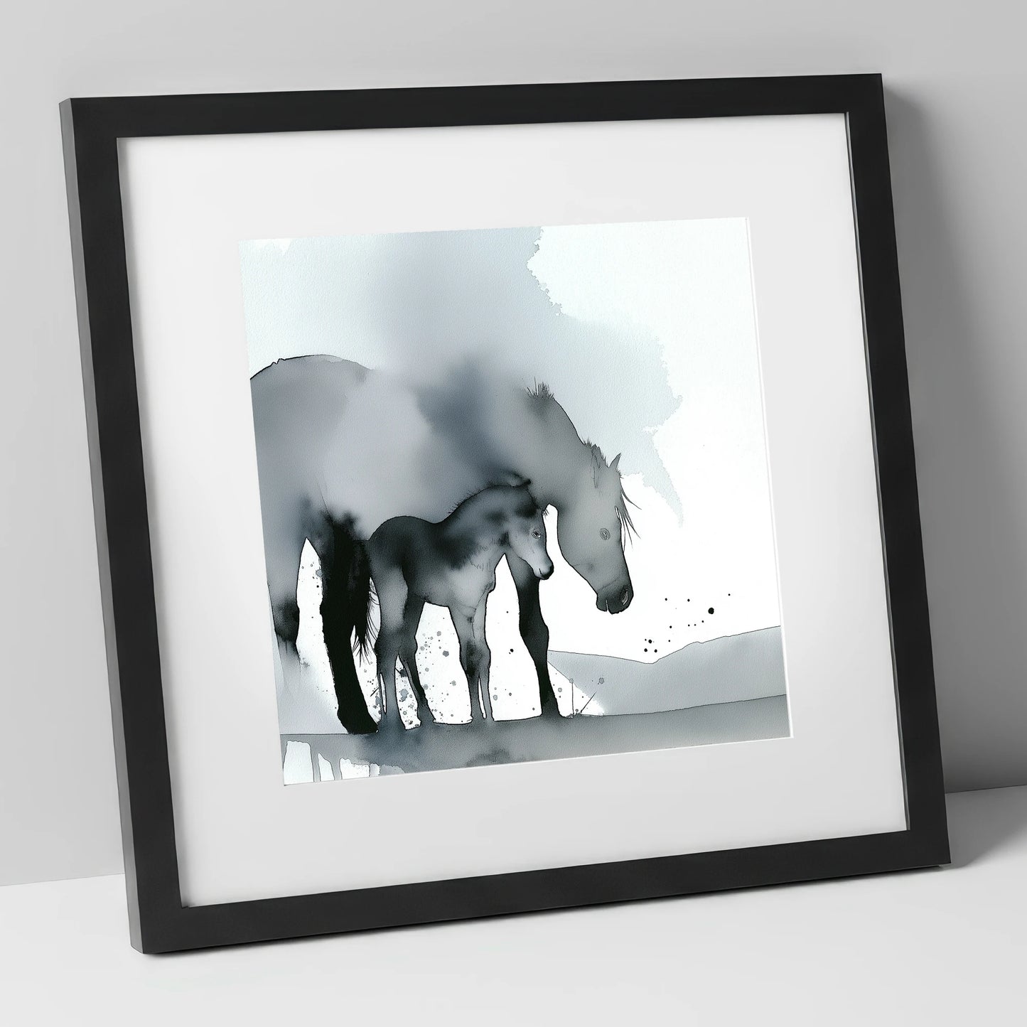 Gentle Shadows mare & foal art print in black frame