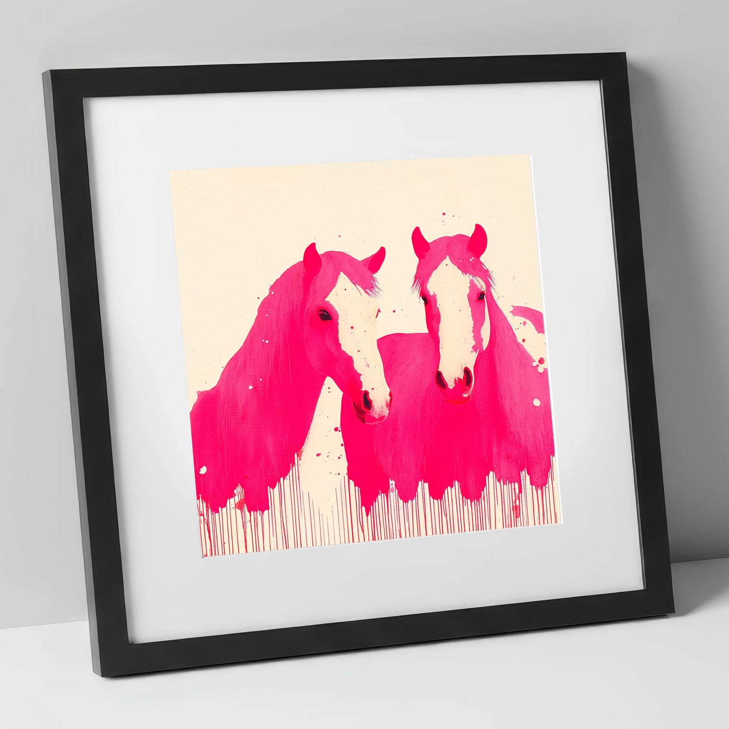 Vivid Magenta Pair horse landscape art print in black frame