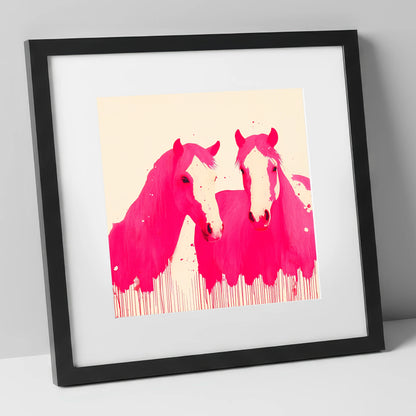 Vivid Magenta Pair horse landscape art print in black frame
