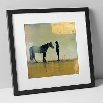 Silent Communion horse & rider art print in black frame