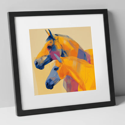Vibrant Equine Profiles horse landscape art print in black frame