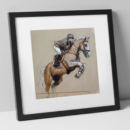 Moment of Flight show jumping horse art print in black frame