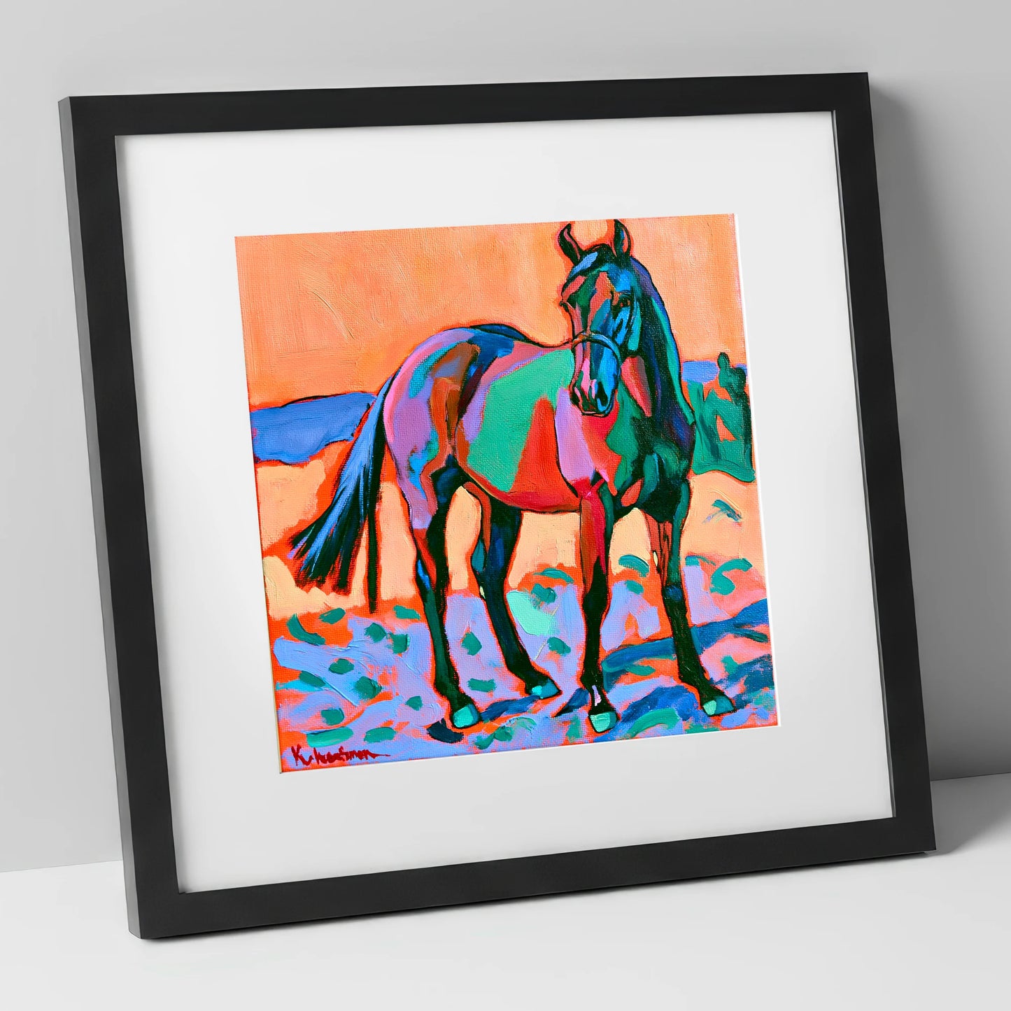 Vivid Turquoise And Purple Horse horse breed art print in black frame