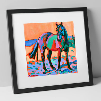 Vivid Turquoise And Purple Horse horse breed art print in black frame