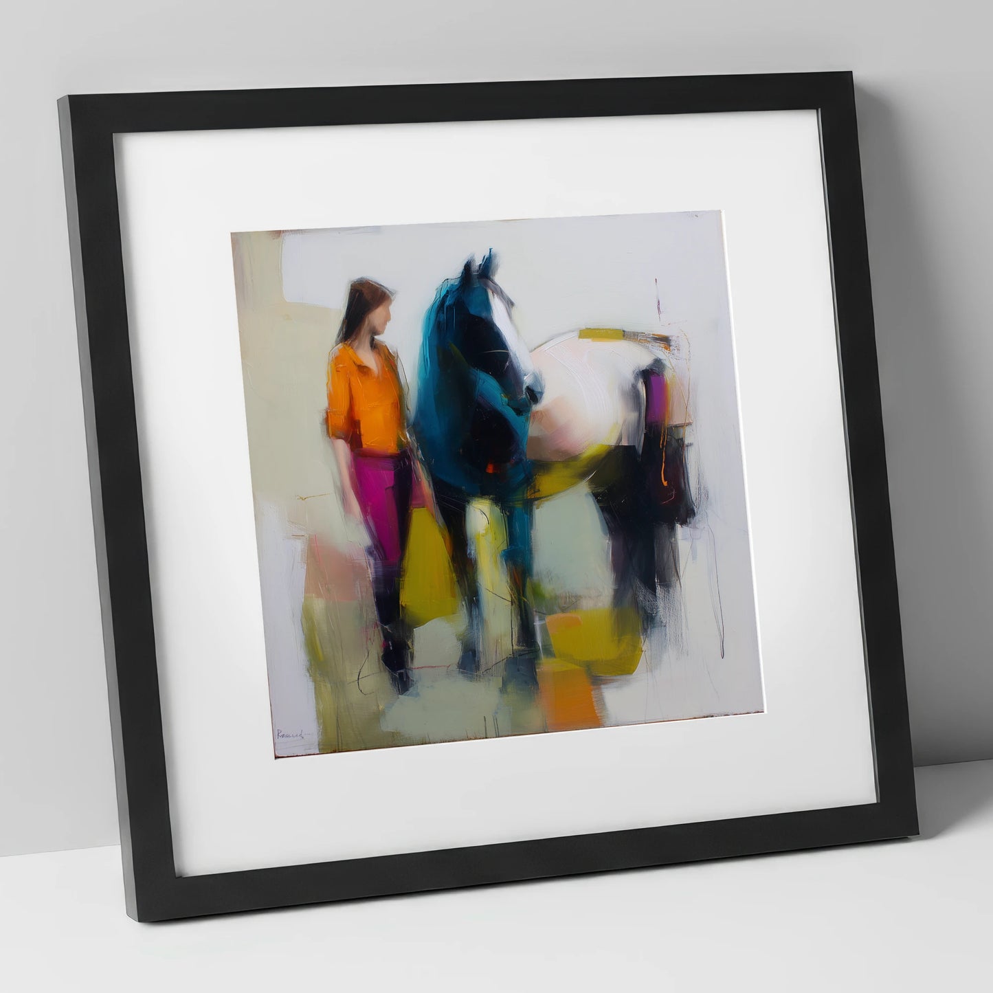 The Colour of Connection horse & rider art print in black frame