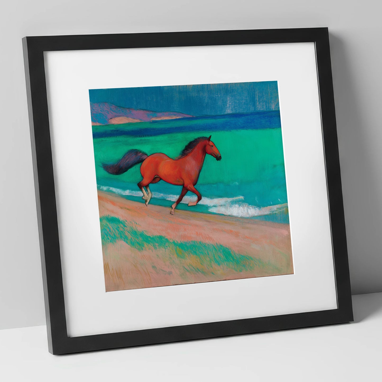 Crimson Coastal Canter horse landscape art print in black frame