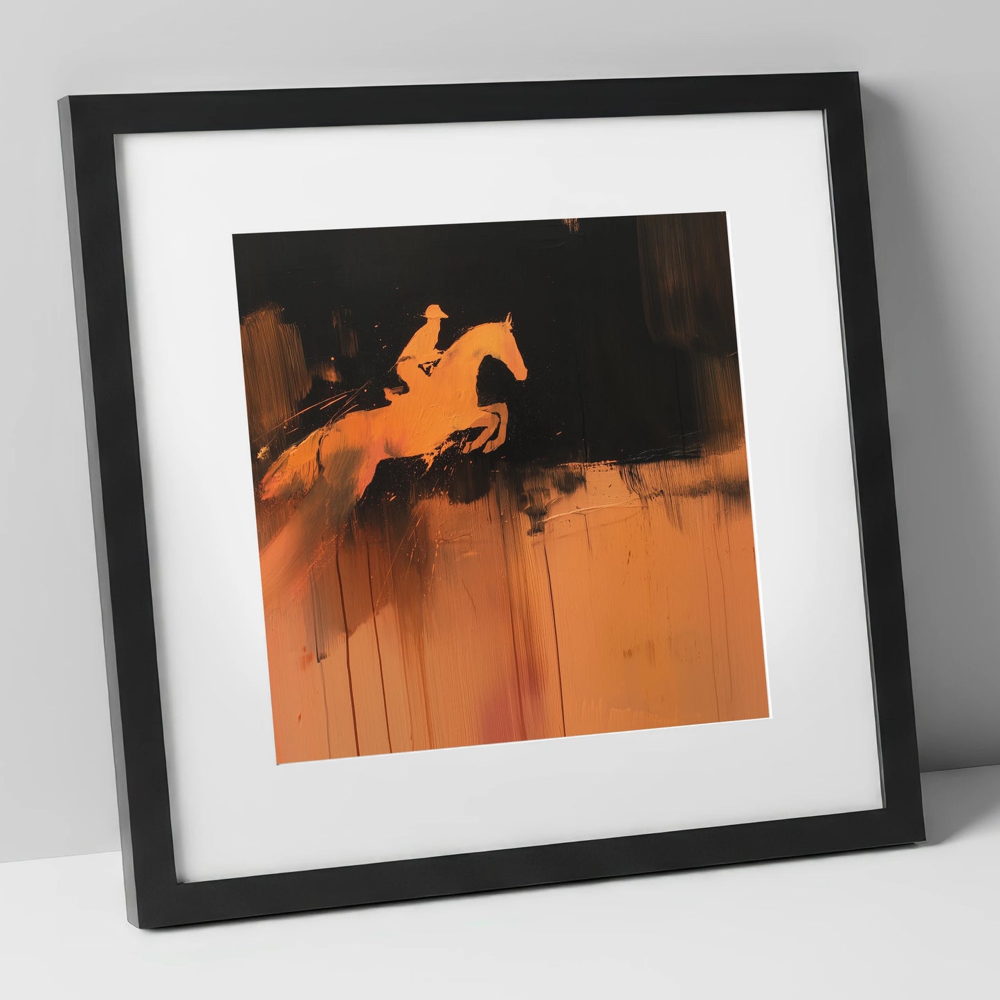 The Amber Leap show jumping horse art print in black frame