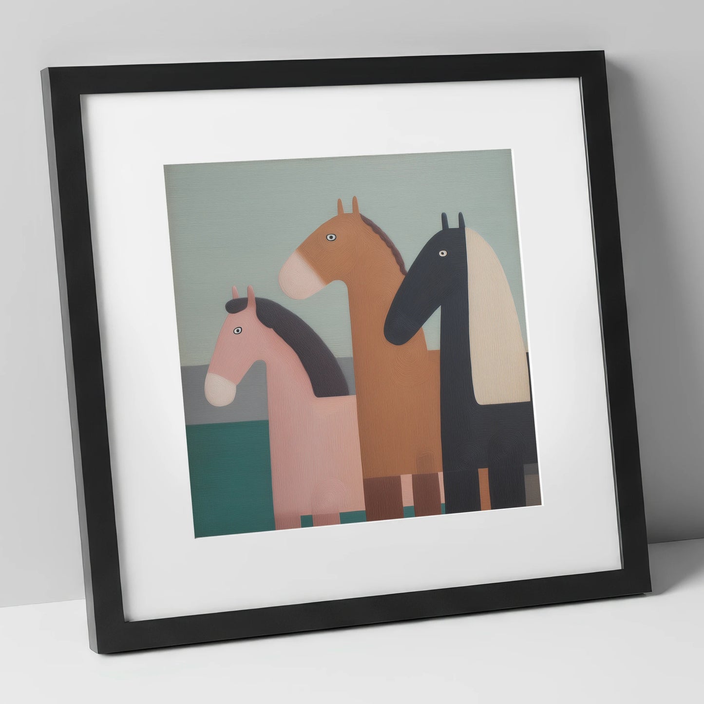 Muted Companions horse landscape art print in black frame