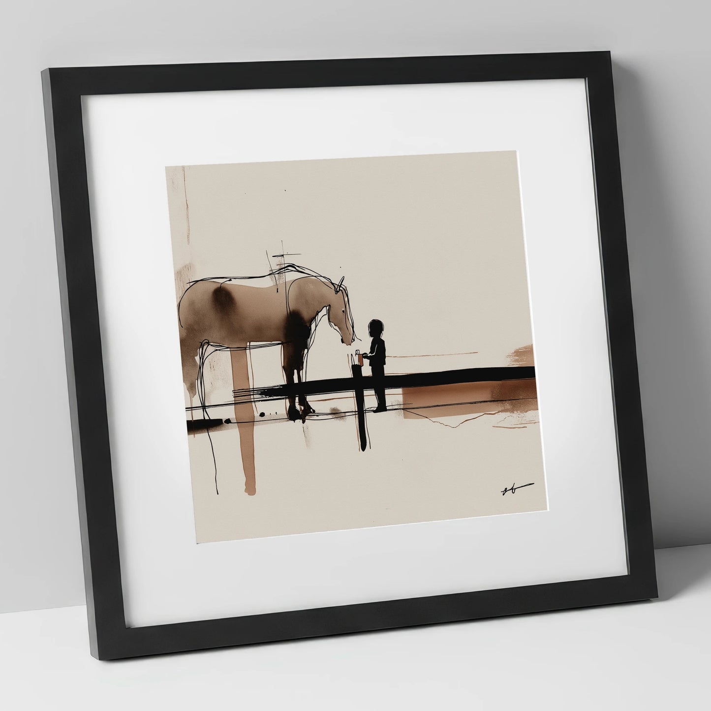 A Gentle Encounter horse & rider art print in black frame