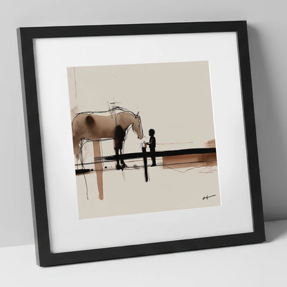 A Gentle Encounter horse & rider art print in black frame