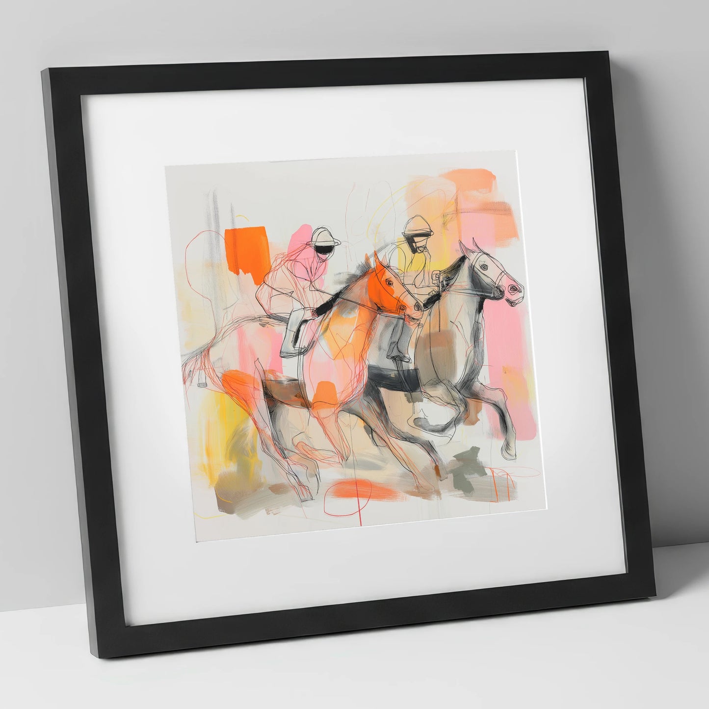Vibrant Final Furlong racing horse art print in black frame