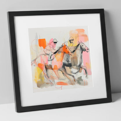 Vibrant Final Furlong racing horse art print in black frame