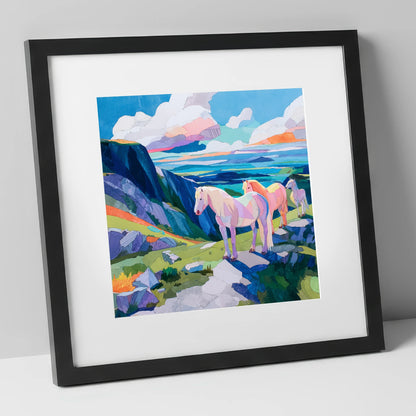 Vibrant Highland Dreamscape horse landscape art print in black frame