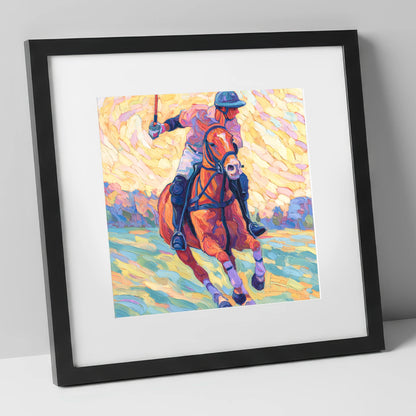 Vivid Polo Pursuit polo horse art print in black frame
