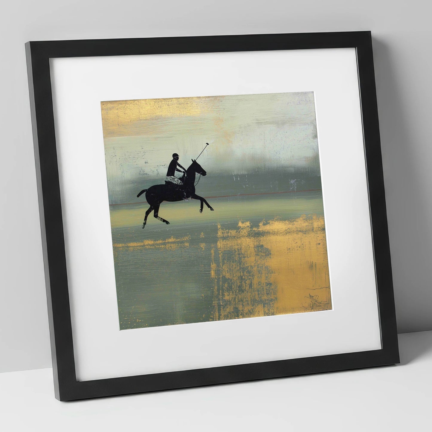 Gilded Chukka polo horse art print in black frame