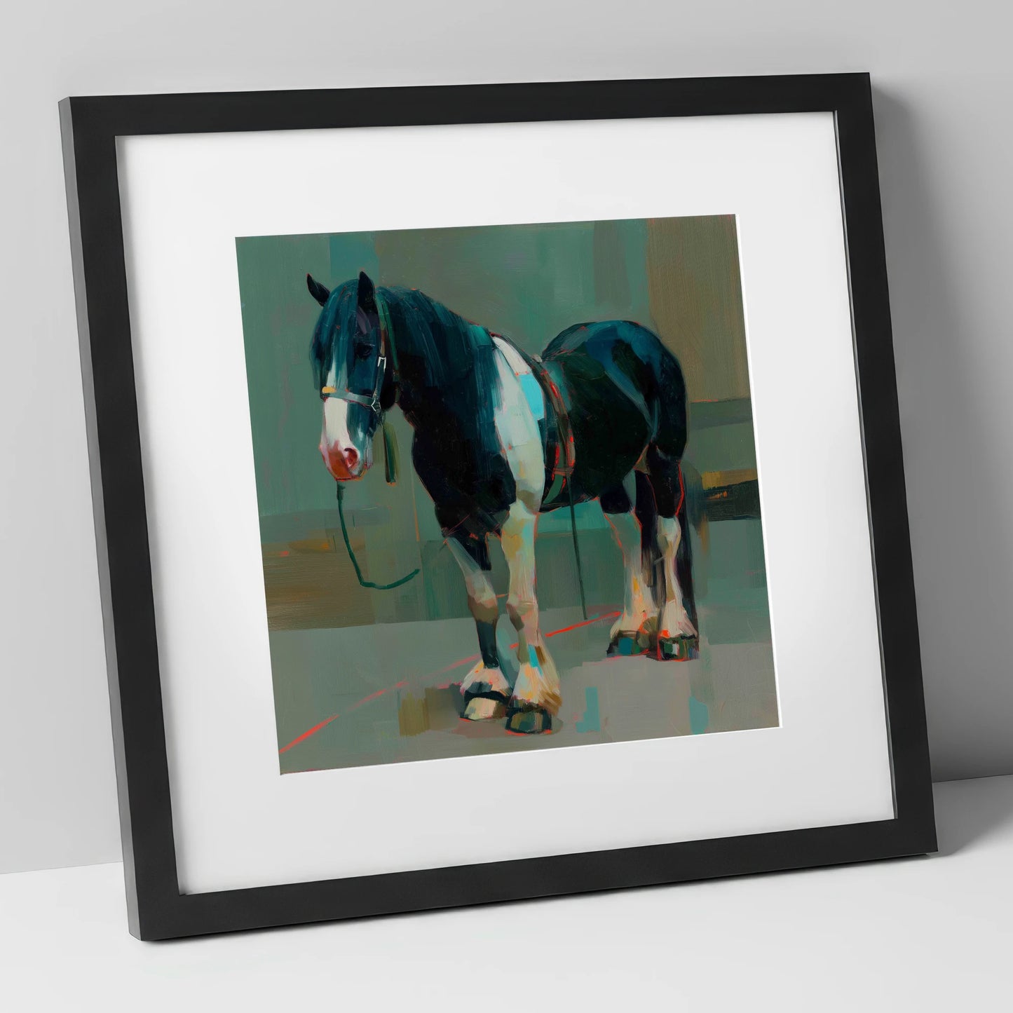 The Stoic Piebald horse breed art print in black frame