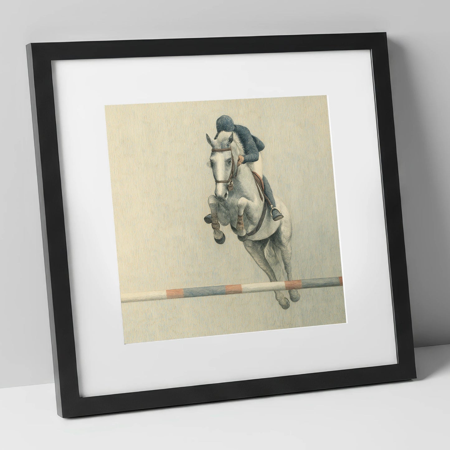 Suspended Flight show jumping horse art print in black frame