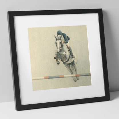 Suspended Flight show jumping horse art print in black frame