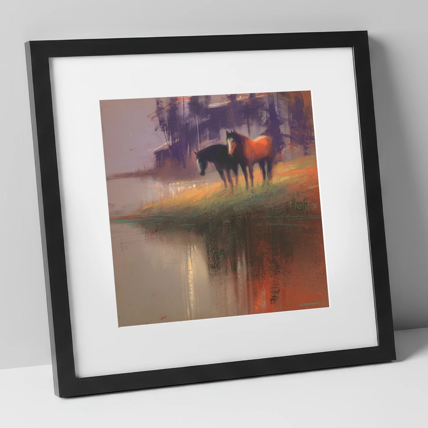 Waterside Reflections wild horses art print in black frame