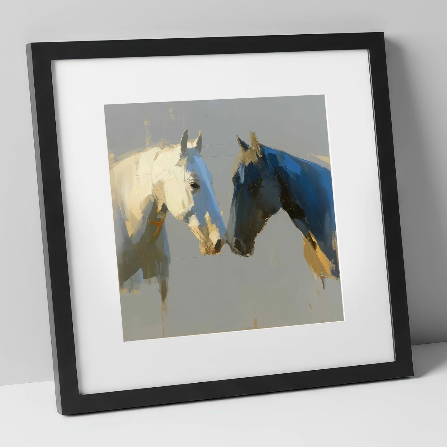 Quiet Encounter horse portrait art print in black frame