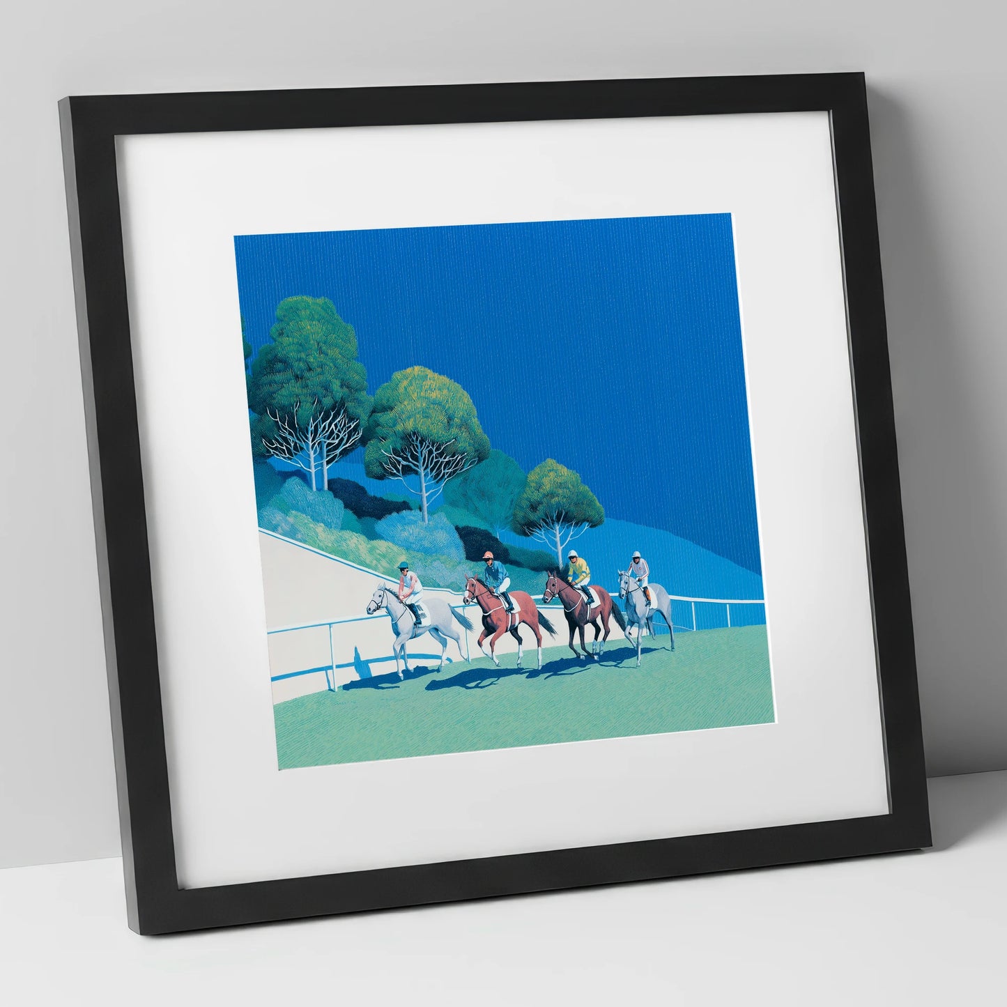 The Cerulean Sprint racing horse art print in black frame