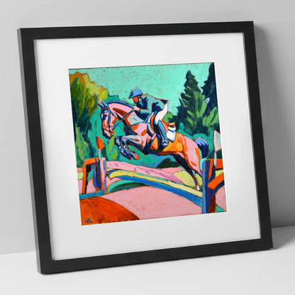 Technicolour Flight show jumping horse art print in black frame