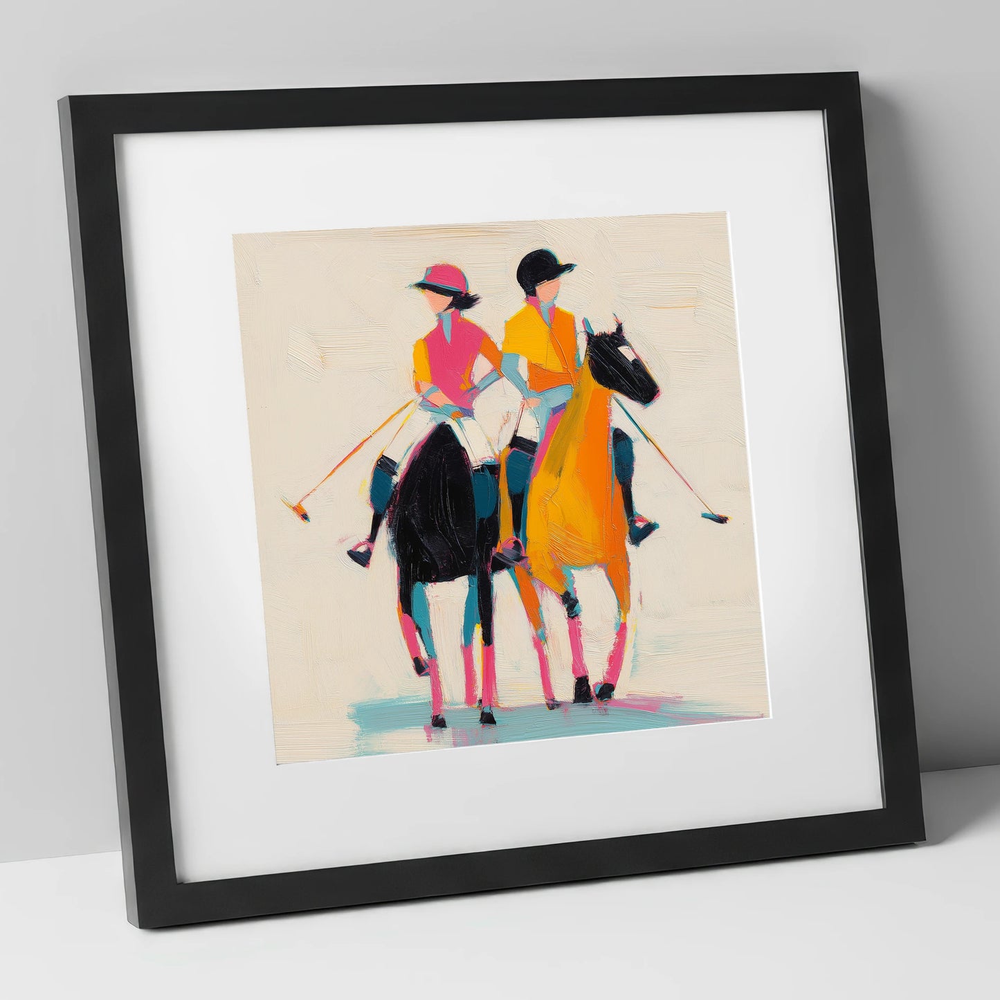 High Goal Hues polo horse art print in black frame